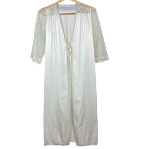 Vtg Womens Ivory Silky Peignoir Tie Front Robe Chiffon Sleeve Lace No Size Large